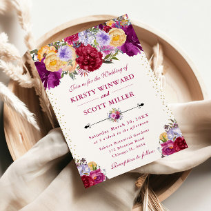 Purple and Red Summer Flowers Wedding Invitation