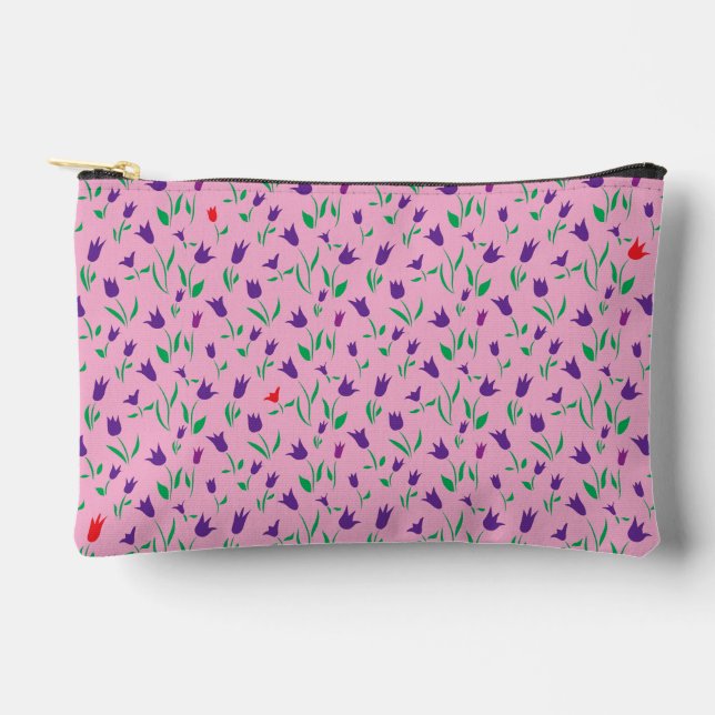 Purple and Red Tulips on Pink Background Accessory Pouch (Front)