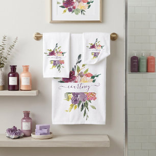 Purple and red watercolor floral personalized   bath towel set