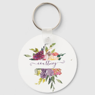 Purple and red watercolor floral personalized keychain