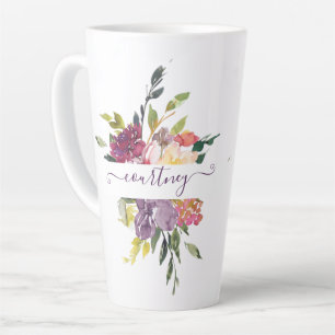 Purple and red watercolor floral personalized latte mug