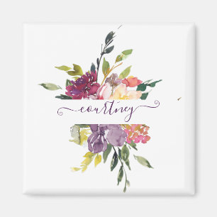 Purple and red watercolor floral personalized magnet