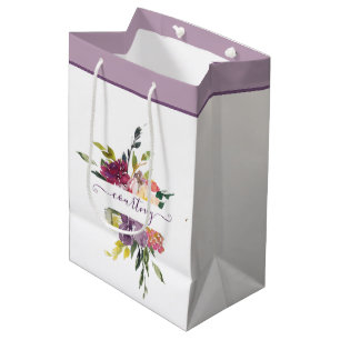 Purple and red watercolor floral personalized medium gift bag