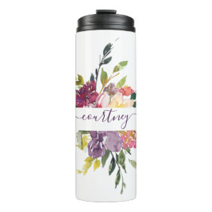 Purple and red watercolor floral personalized thermal tumbler