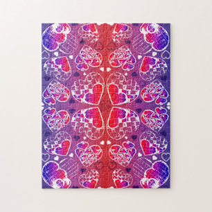 Purple and Red Whimsical Romantic Hearts pattern Jigsaw Puzzle