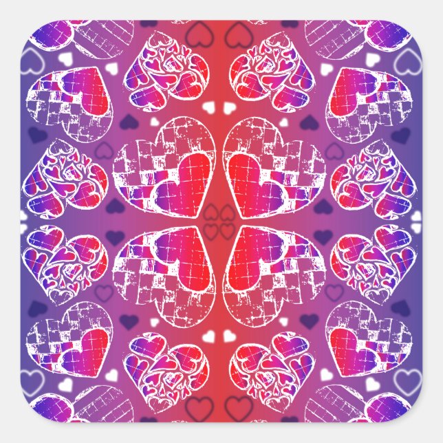 Purple and Red Whimsical Romantic Hearts pattern Square Sticker (Front)