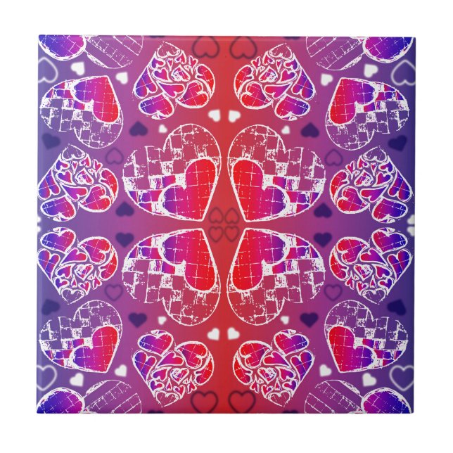 Purple and Red Whimsical Romantic Hearts pattern Tile (Front)
