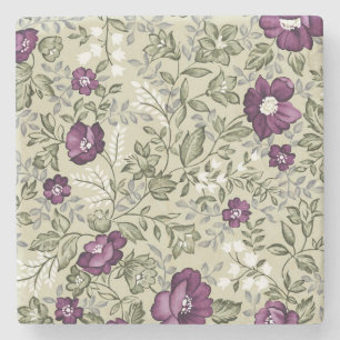 Purple and Sage Green Leaf Pattern Vintage Country Stone Coaster
