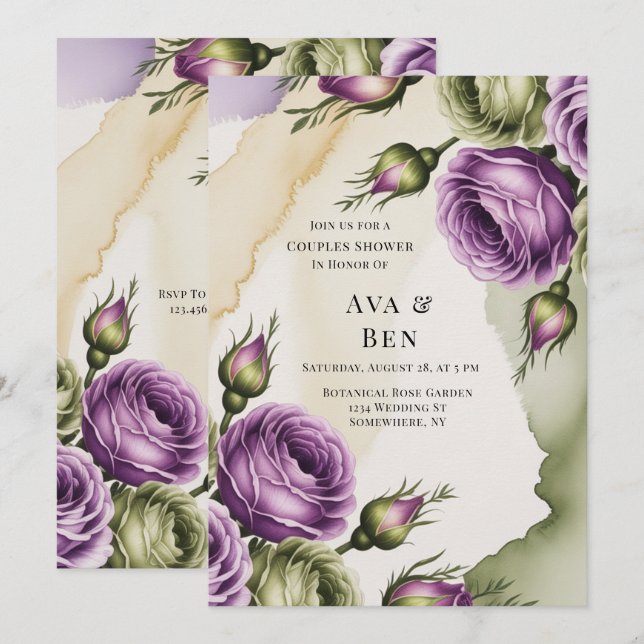 Purple and Sage Green Roses Painted Couples Shower Invitation (Front/Back)