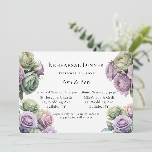 Purple and Sage Green Roses Rehearsal Dinner Invitation (Standing Front)