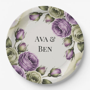 Purple and Sage Green Roses Watercolor Wedding Paper Plate