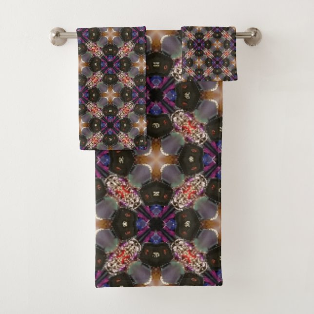 Purple and Shades of Brown Geometric Pattern Bath Towel Set (Insitu)