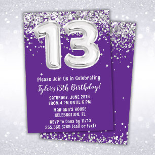 Purple and Silver 13th Birthday Invitation