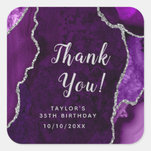 Purple and Silver Agate Birthday Thank You Square Sticker