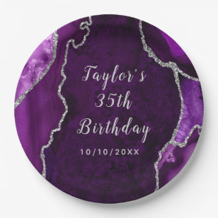 Purple and Silver Agate Marble Birthday Paper Plate