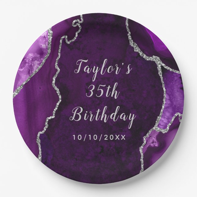 Purple and Silver Agate Marble Birthday Paper Plate (Front)