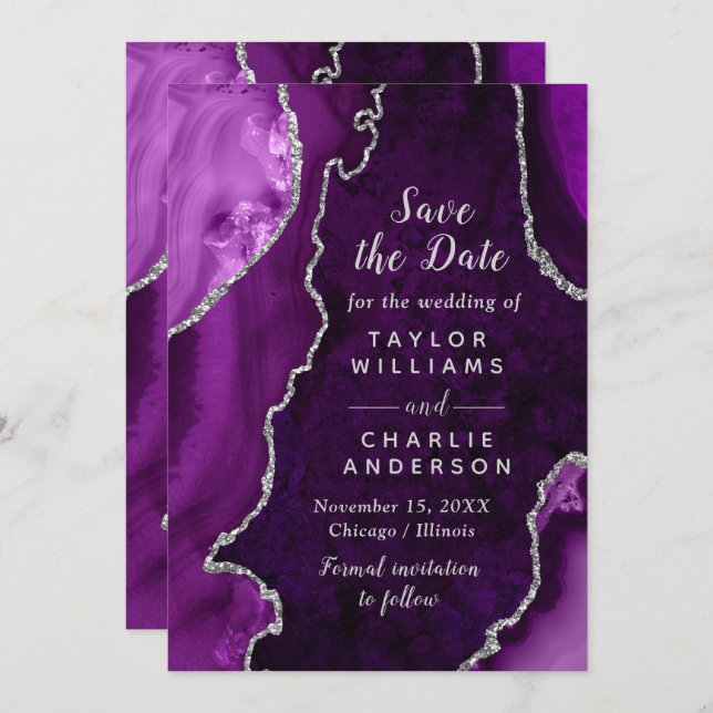 Purple and Silver Agate Marble Save The Date Invitation (Front/Back)
