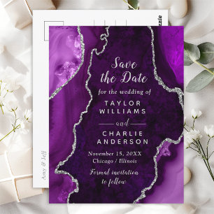 Purple and Silver Agate Marble Save The Date Postcard