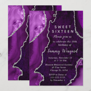 Purple and Silver Agate Marble Sweet Sixteen Invitation