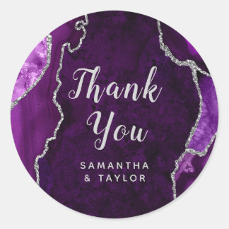 Purple and Silver Agate Marble Thank You Wedding Classic Round Sticker
