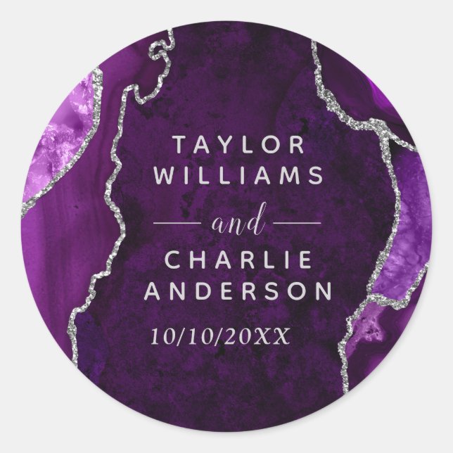 Purple and Silver Agate Marble Wedding Classic Round Sticker (Front)
