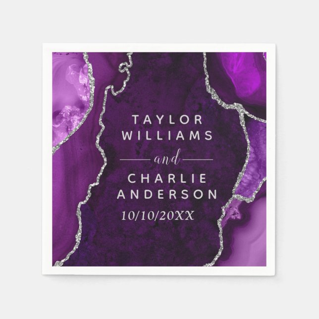 Purple and Silver Agate Marble Wedding Napkin (Front)