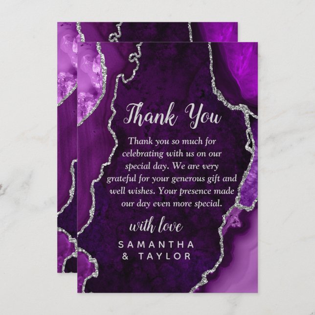 Purple and Silver Agate Marble Wedding Thank You Card (Front/Back)