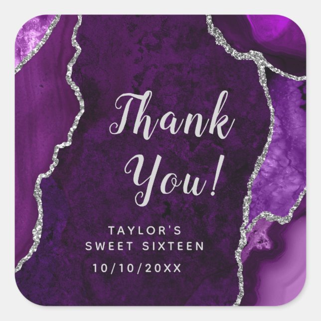 Purple and Silver Agate Sweet Sixteen Thank You Square Sticker (Front)