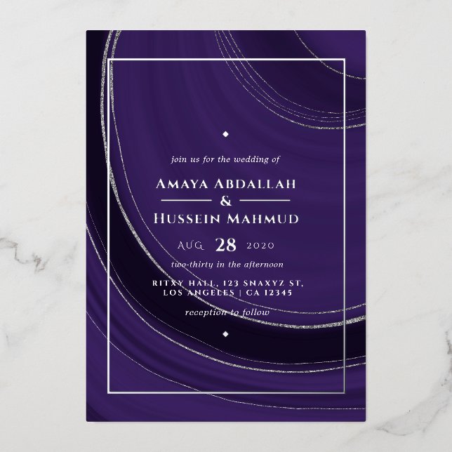Purple and Silver Agate Wedding Foil Invitation (Front)