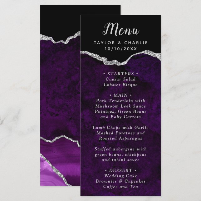 Purple and Silver Agate Wedding Menu (Devant / Derrière)