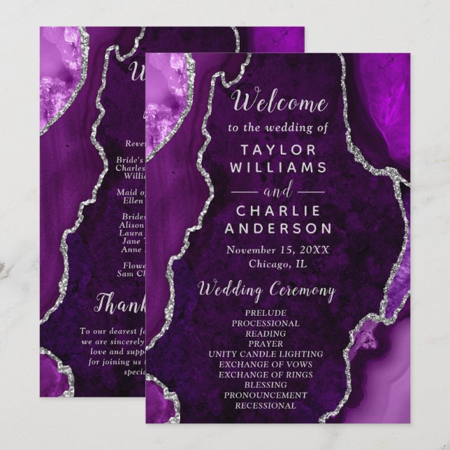 Purple and Silver Agate Wedding Program (Front/Back)