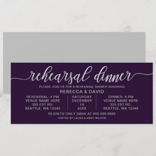 purple and silver Calligraphy Rehearsal Dinner Invitation