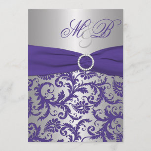 Purple and Silver Damask Monogrammed Invitation