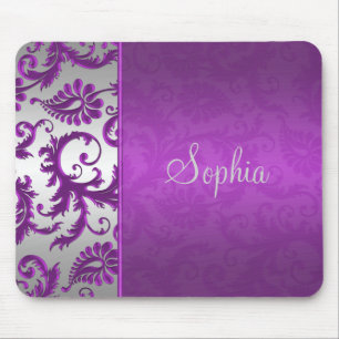 Purple and Silver Damask Mousepad