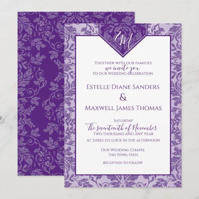 Purple and Silver Damask Shield Banner Monogram Invitation (Front/Back)