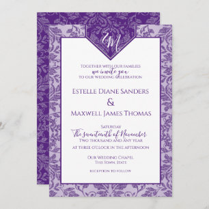 Purple and Silver Damask Shield Banner Monogram Invitation
