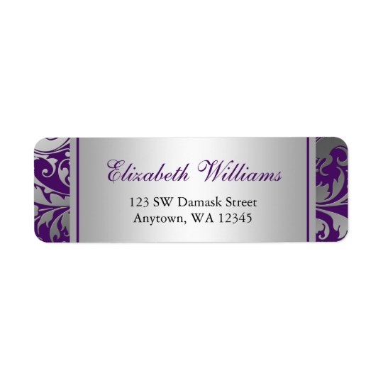 Purple and Silver Damask Swirls Return Address Return Address Label
