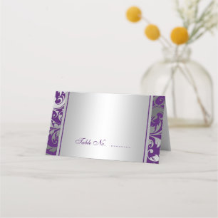 Purple and Silver Damask Swirls Wedding Folded Place Card