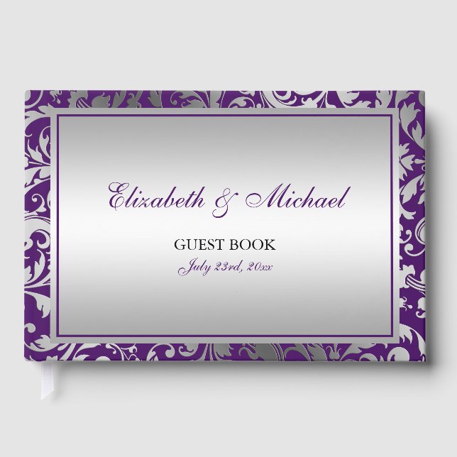 Purple and Silver Damask Swirls Wedding Guest Book (Front)