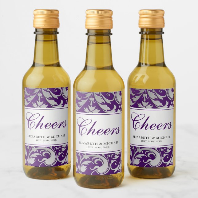 Purple and Silver Damask Swirls Wedding Mini Wine Label (Bottles)
