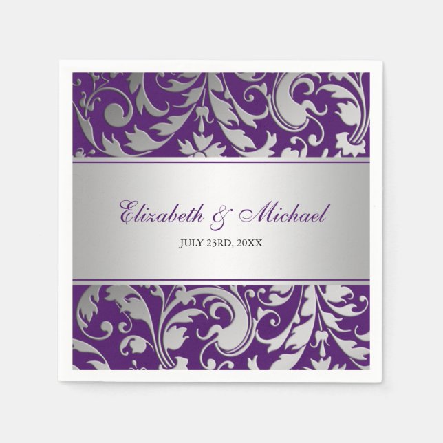 Purple and Silver Damask Swirls Wedding Napkin (Front)