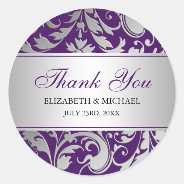 Purple and Silver Damask Swirls Wedding Thank You Classic Round Sticker (Front)