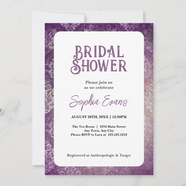 Purple and Silver Damask White Bridal Shower Invitation (Front)