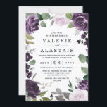 Purple and Silver Elegant Floral White Wedding Invitation<br><div class="desc">Design features elegant roses,  peonies and other flower elements in various shades of light and dark purples with grey - silver,  mixed green shades of greenery and eucalyptus foliage that create a unique watercolor wreath.</div>