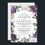 Purple and Silver Elegant Floral White Wedding Invitation<br><div class="desc">Design features elegant roses, peonies and other flower elements in various shades of light and dark purples with grey - silver, mixed green shades of greenery and eucalyptus foliage that create a unique watercolor wreath.</div>