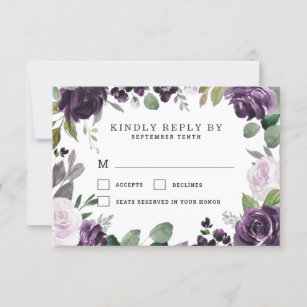 Purple and Silver Elegant Floral White Wedding RSVP Card