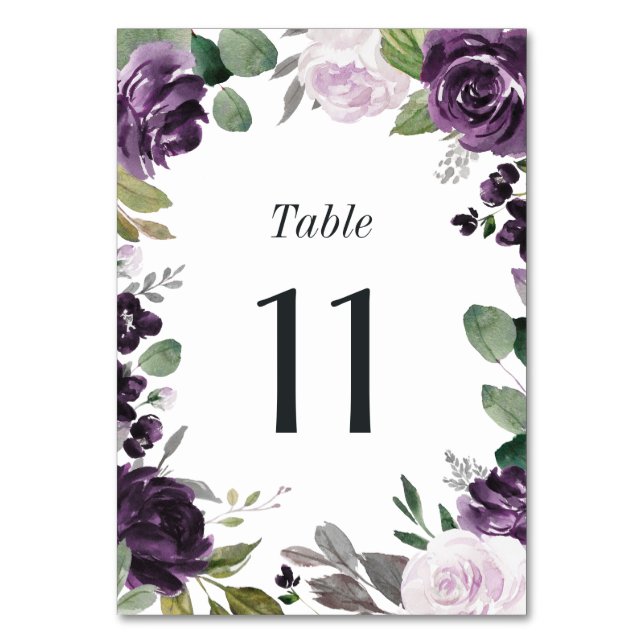 Purple and Silver Elegant Floral White Wedding Table Number (Front)