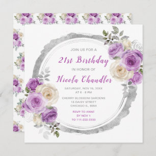 Purple and Silver Elegant Flowers Birthday Party Invitation