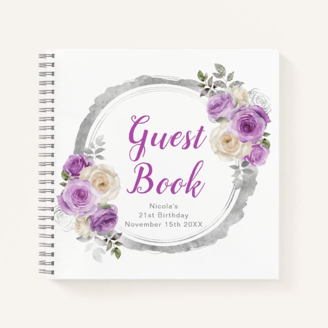 Purple and Silver Elegant Flowers Birthday Party Notebook (Front)