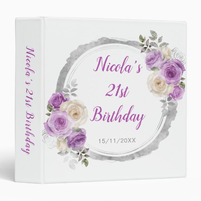 Purple and Silver Elegant Flowers Birthday Photo Binder (Front/Spine)